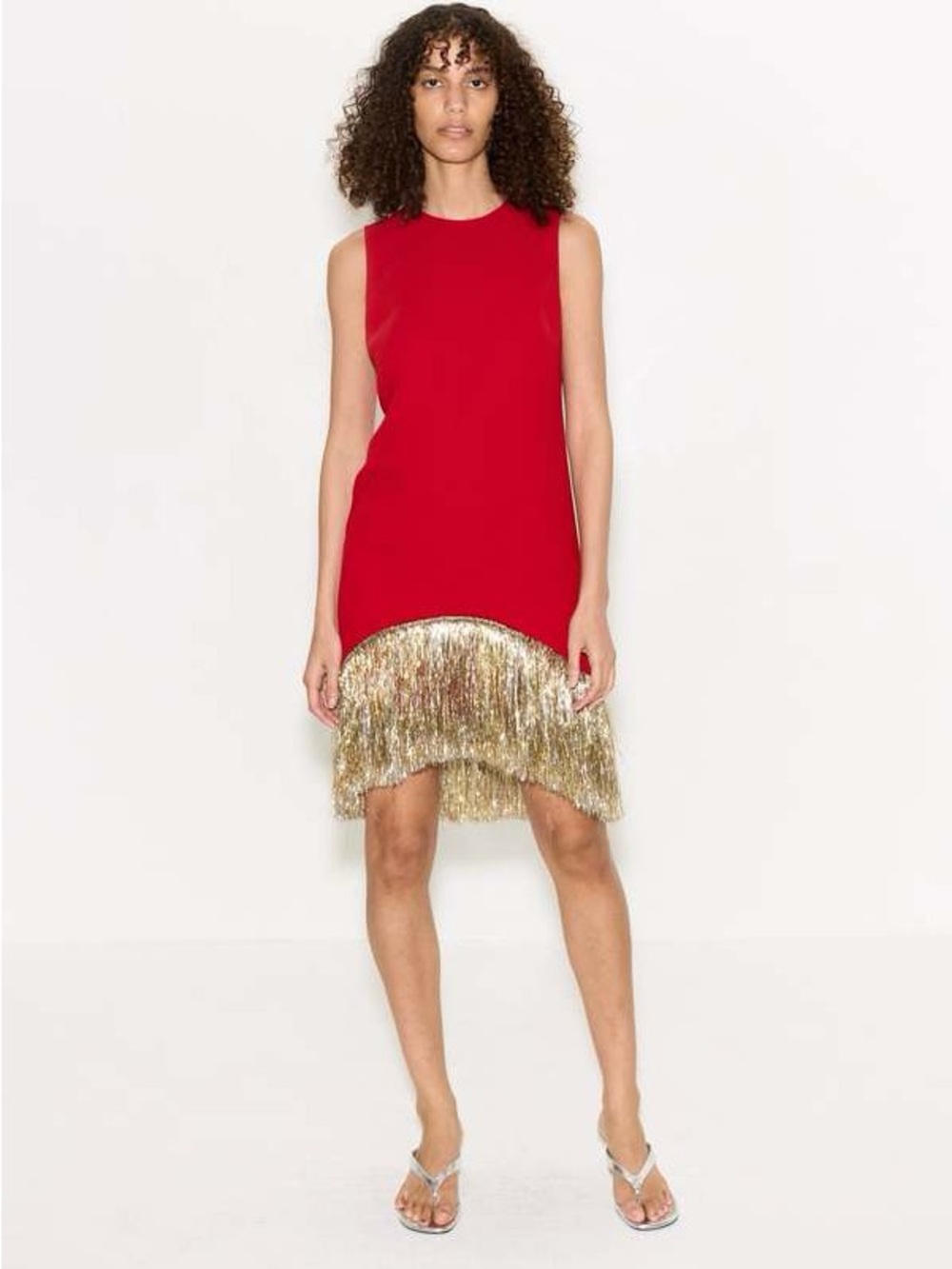 Simon Miller Red Sleeveless High-Low Dress with Gold Fringe
